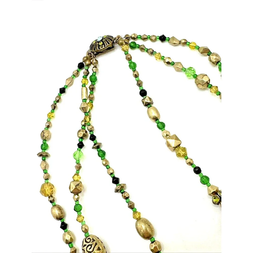Vintage Green Gold Multi Strand Bead Necklace Boho Crystal Accents Box Clasp 16